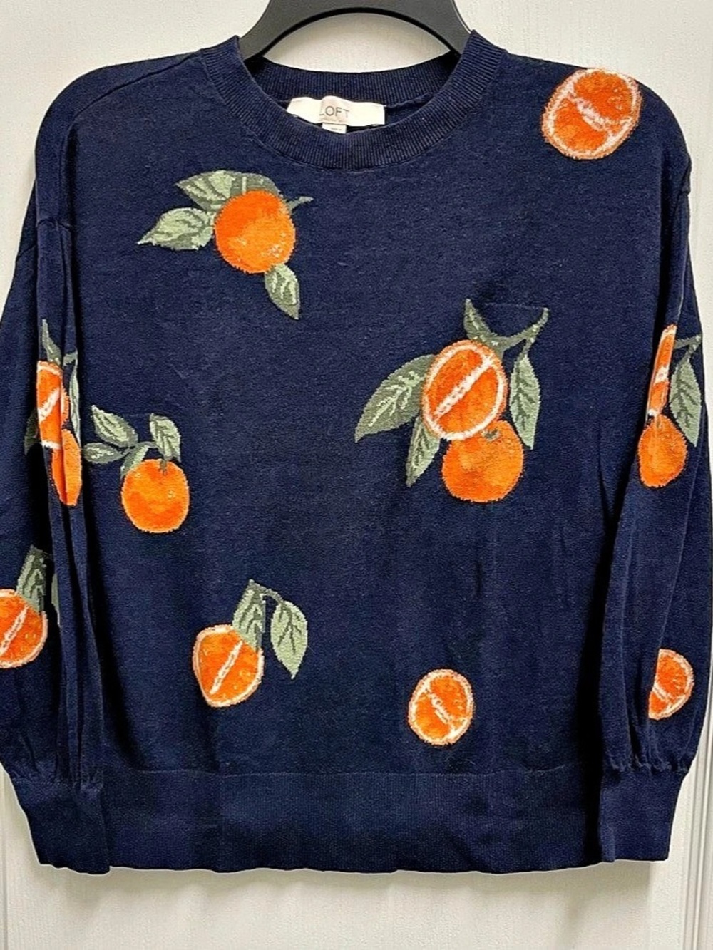 LOFT Navy Blue Crewneck Sweater Orange Print Crewneck Sweater Size S